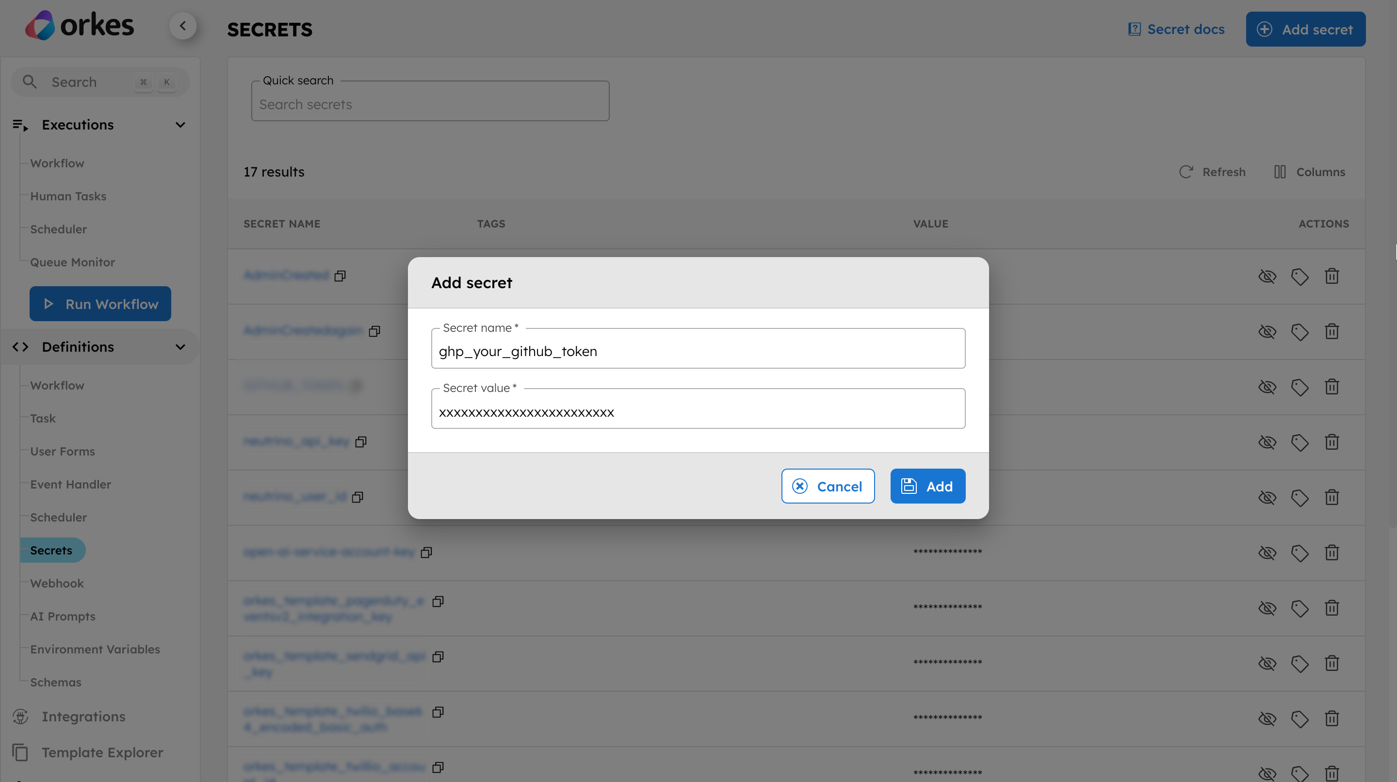 Saving personal access token as a secret in Orkes Conductor