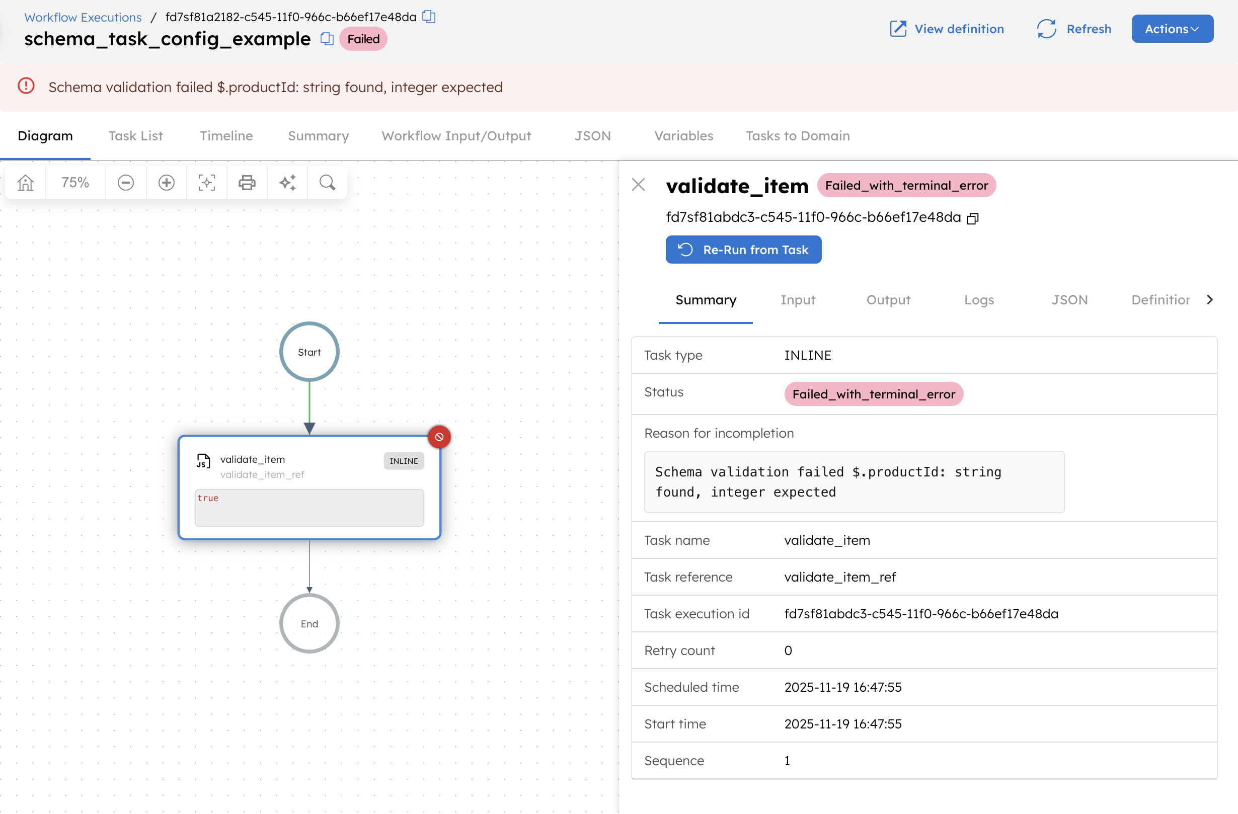 Schema validation failed for a task configuration
