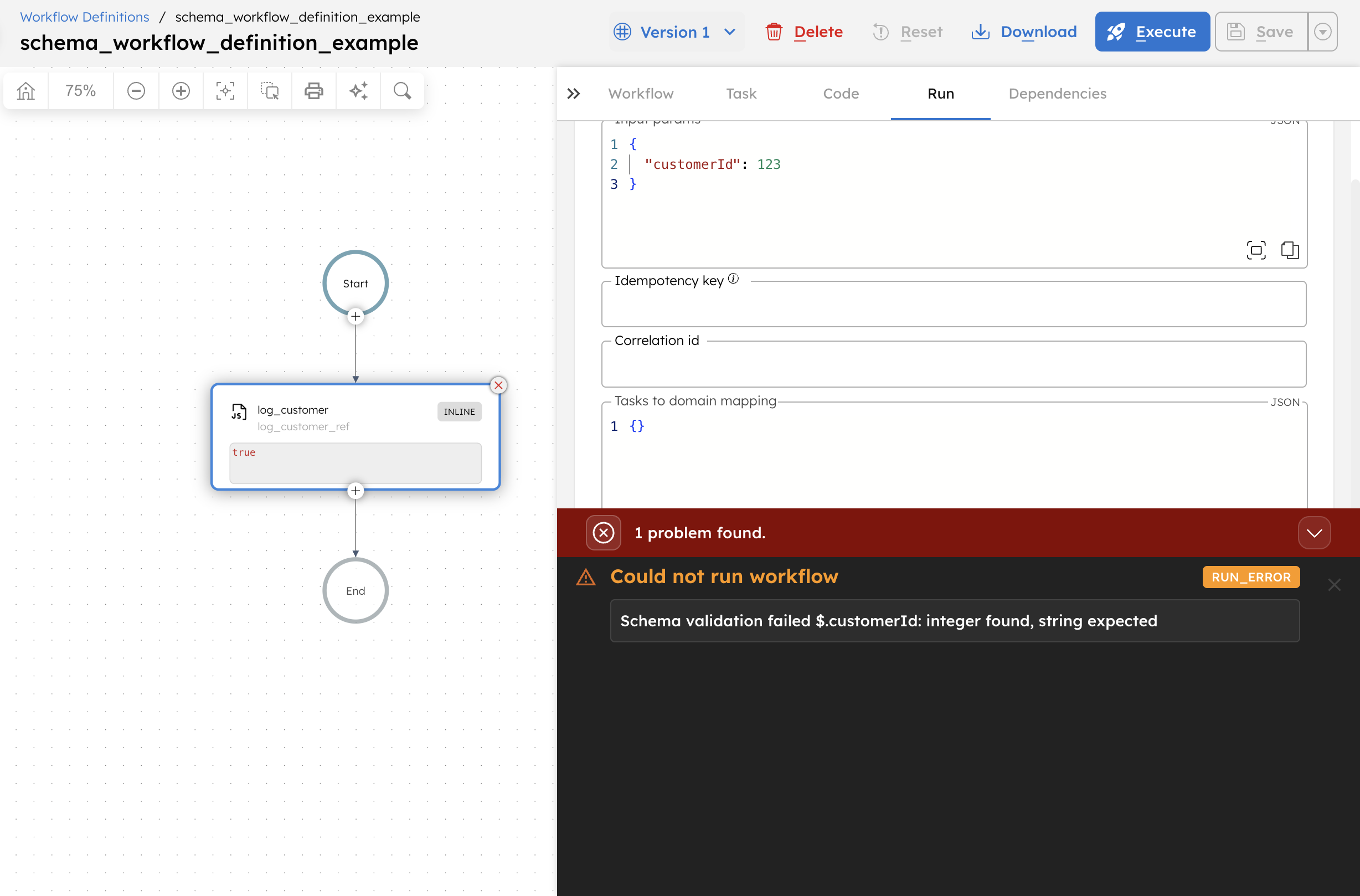 Schema validation failed for a workflow definition