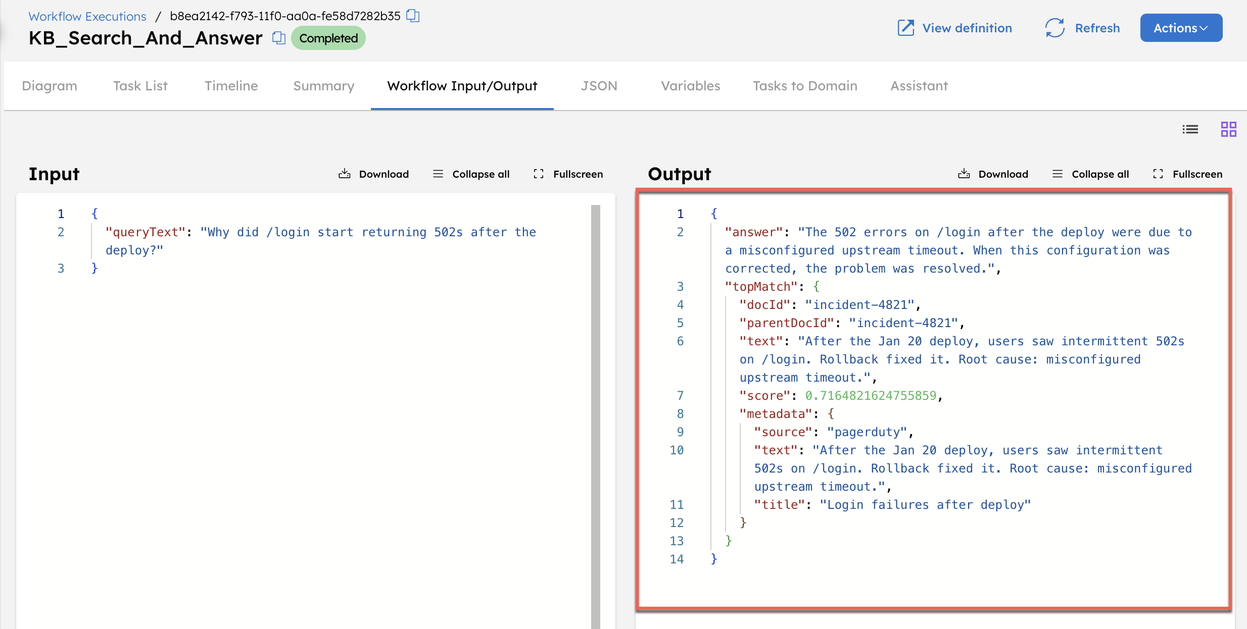 Workflow output inspection