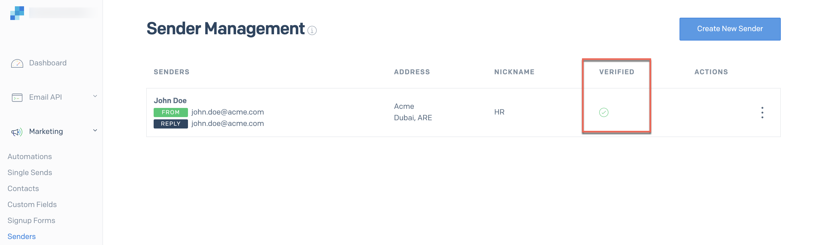 Sender verified in SendGrid portal