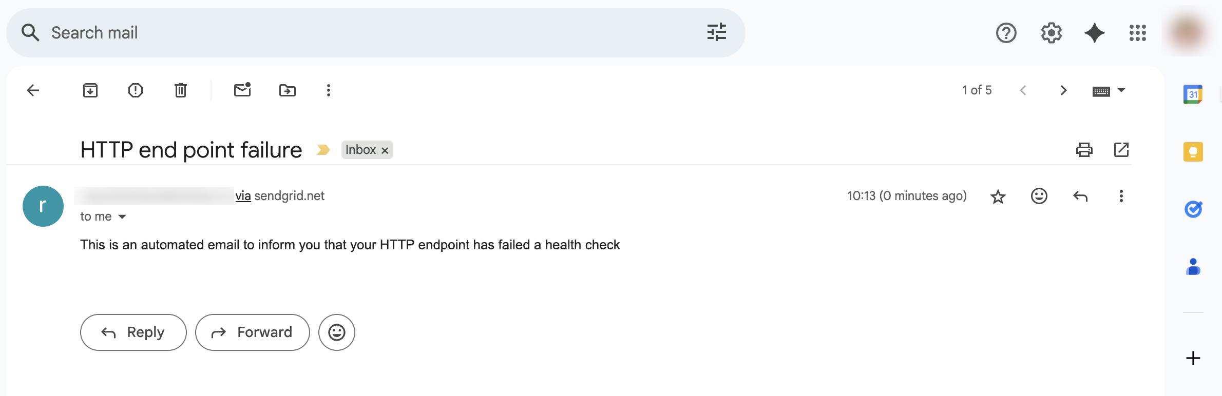 Alert email received via SendGrid