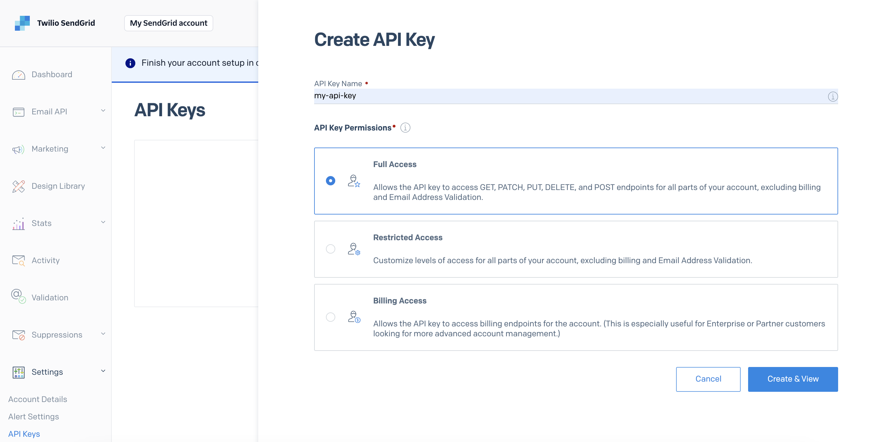 Generating API key from SenGrid portal