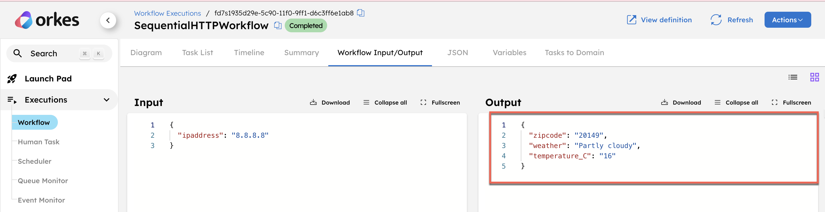 Workflow output returning the ZIP code, weather, and temperature for the given IP address
