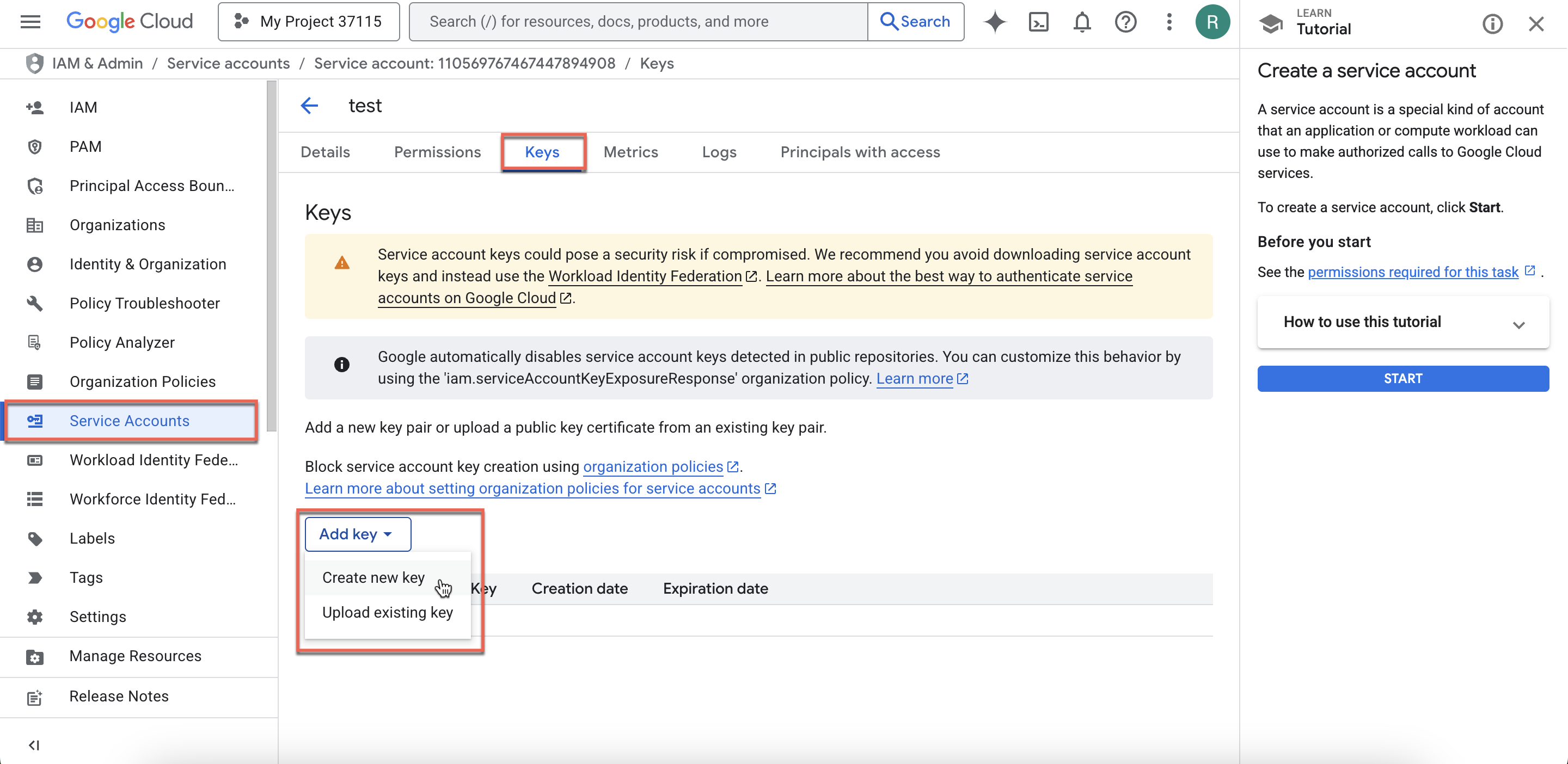 Getting service account key from Google Cloud console