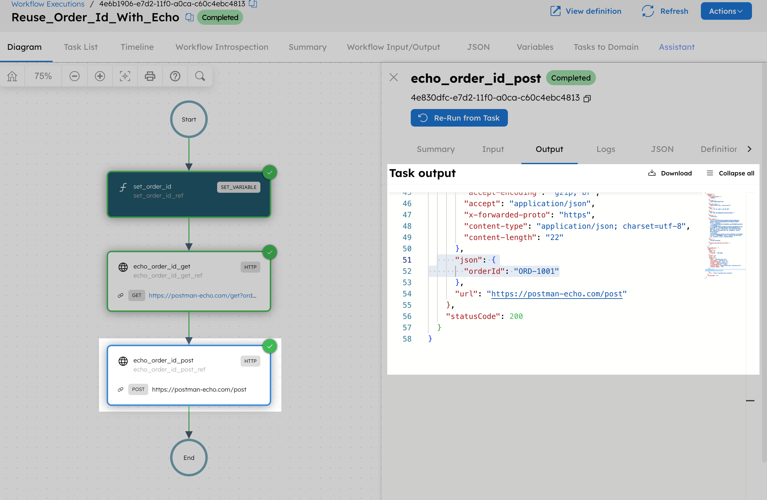 Task output verifying that the variable was passed.