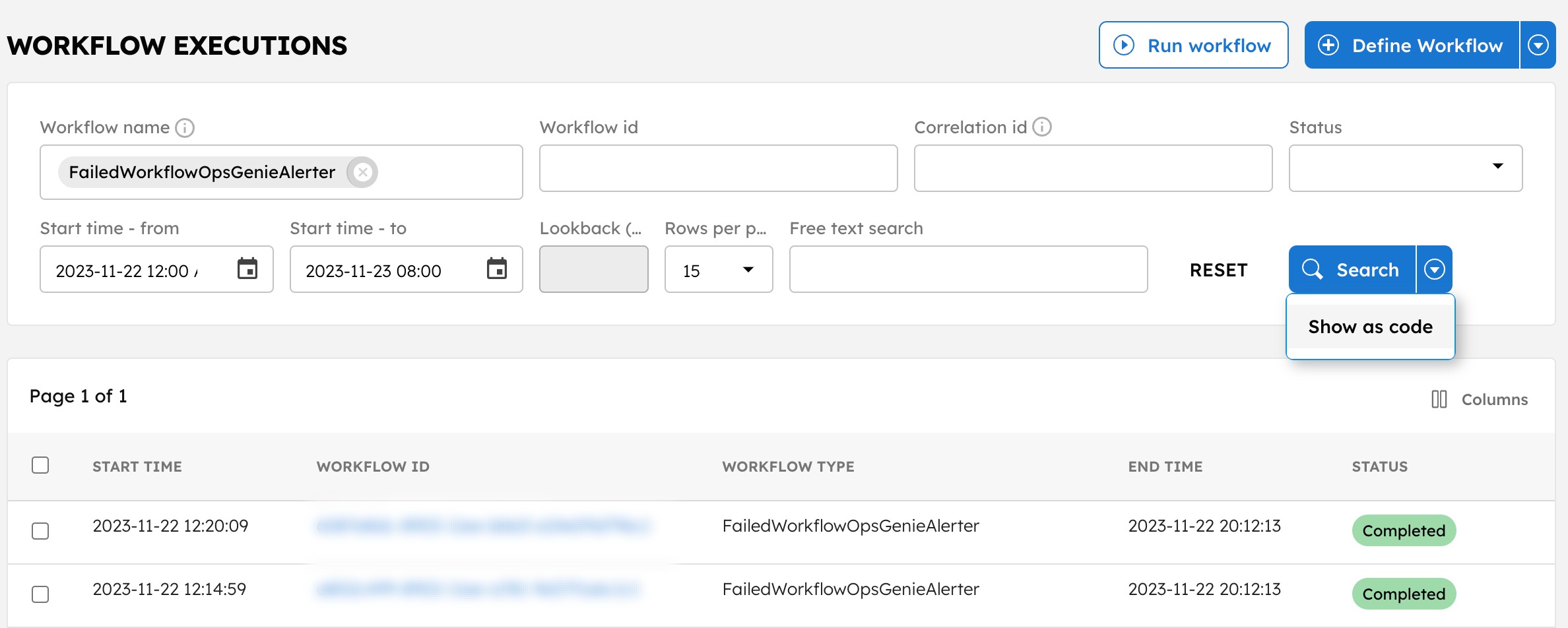 Show as code option in Workflow Search