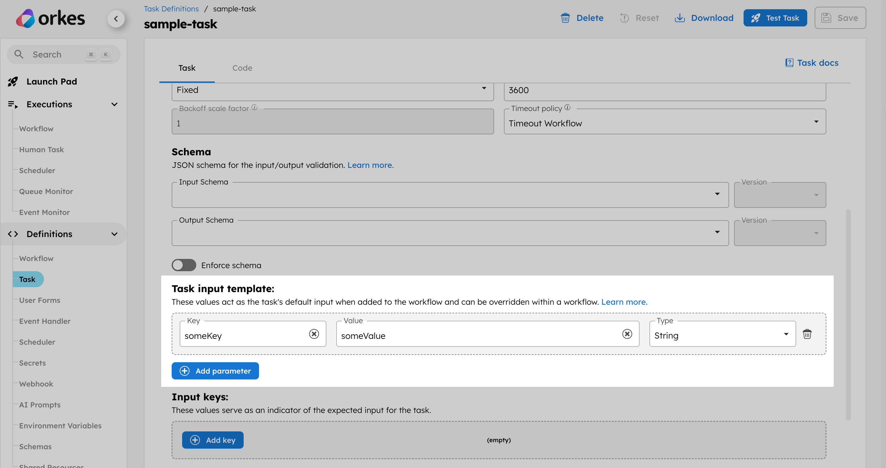 Task input template in a task definition