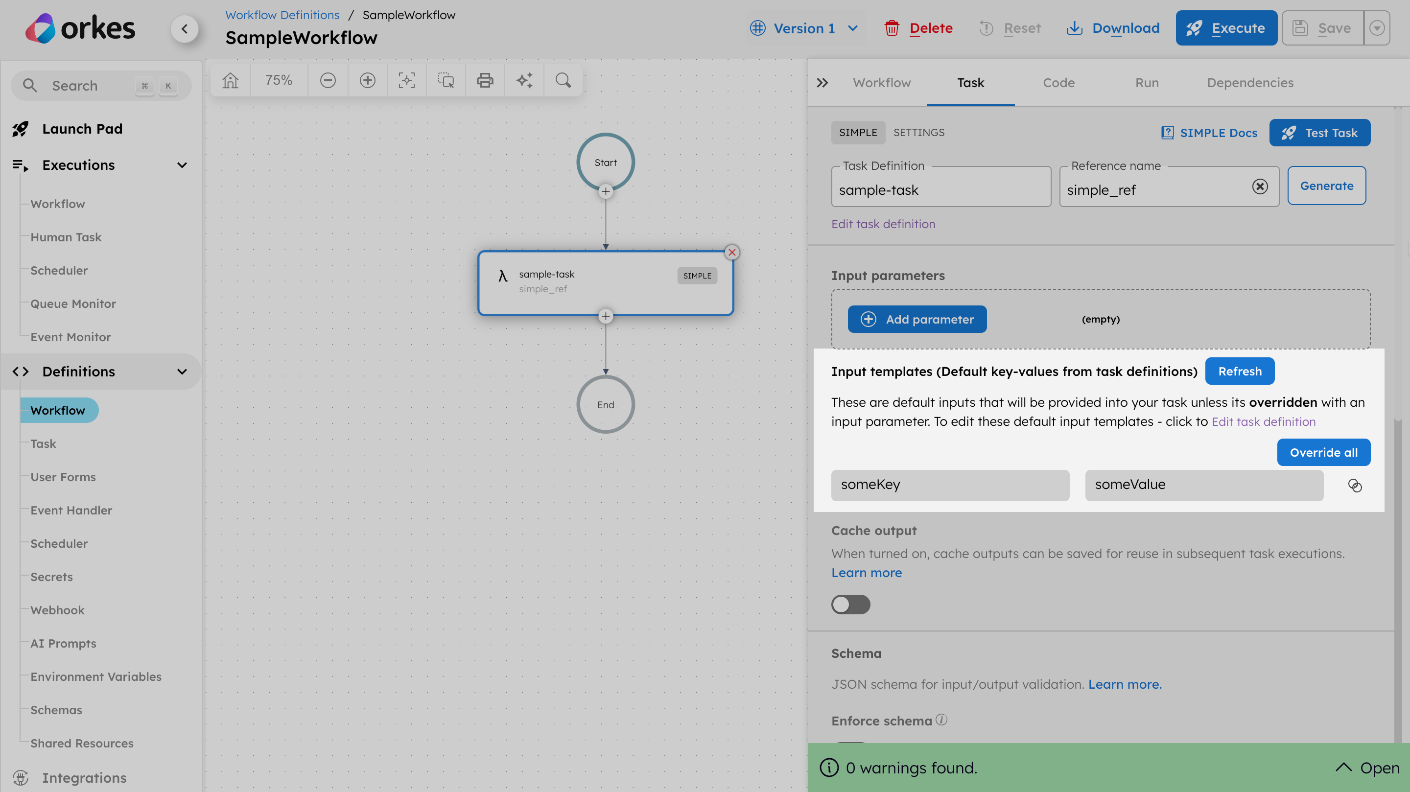 Task input template in a workflow definition