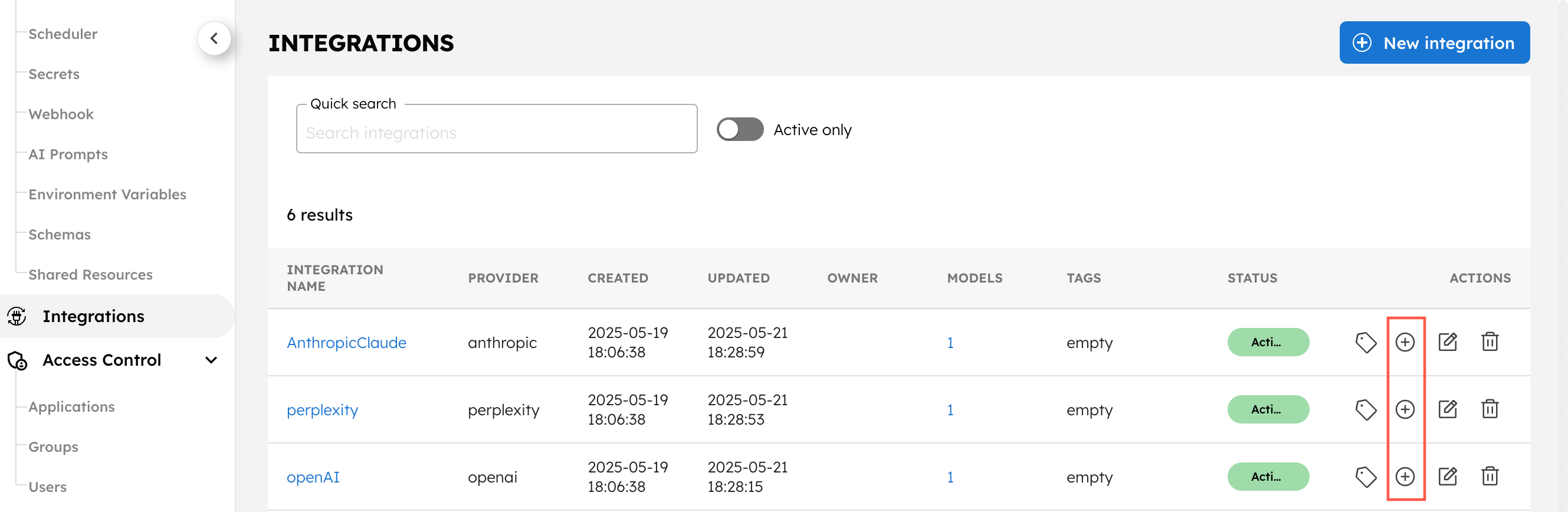 Screenshot of integrations list in Conductor UI.
