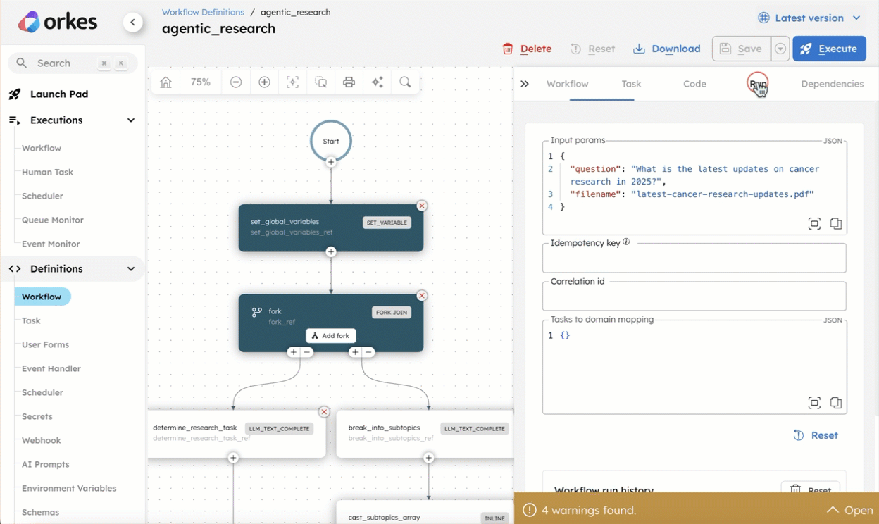 Run the agen6tic research workflow in Conductor UI.