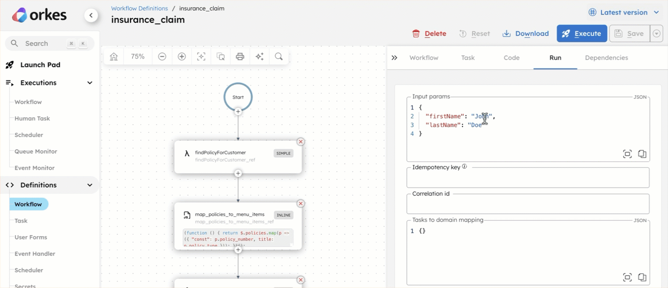 Run the insurance claims workflow in Conductor UI.