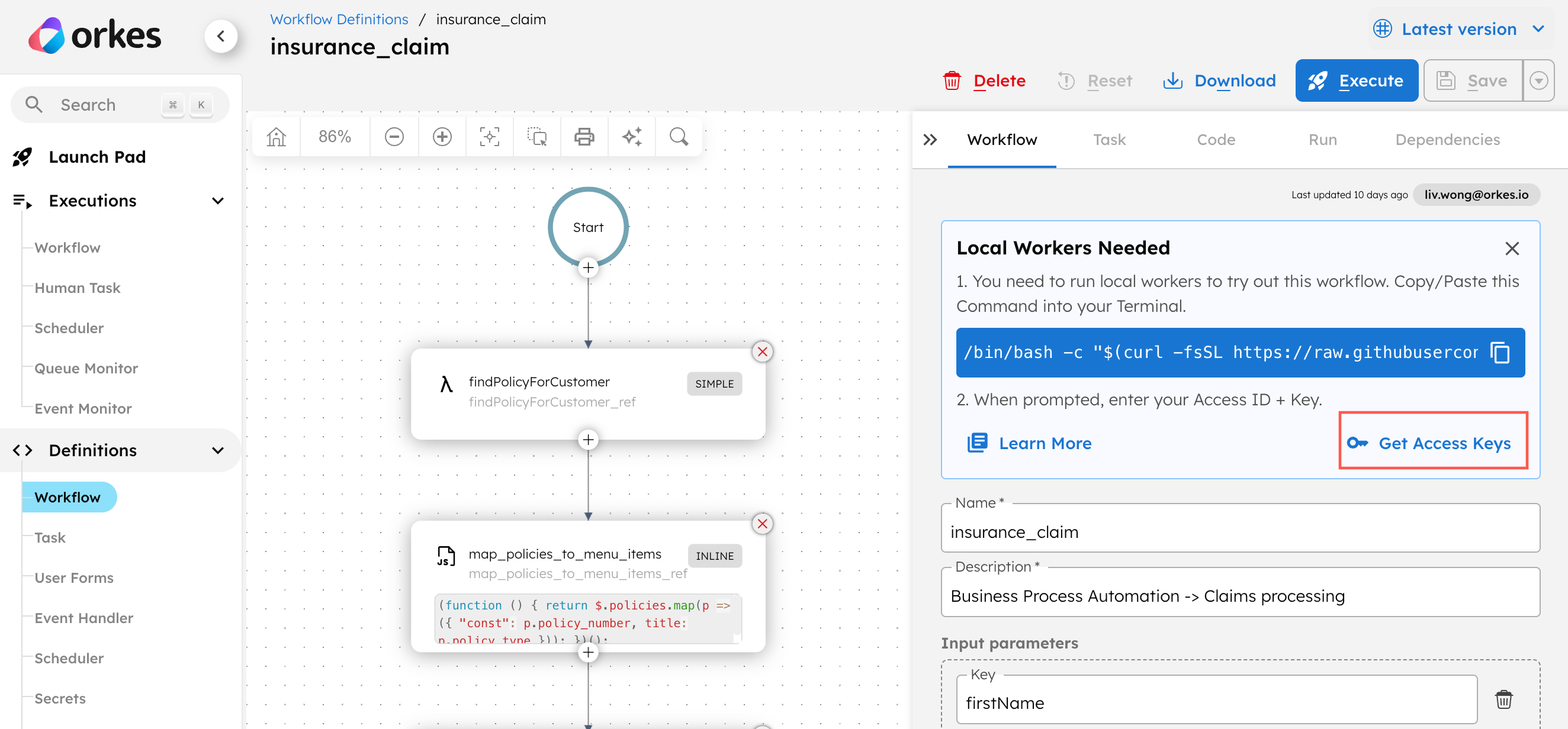 Screenshot of Conductor UI where you can get the access keys.