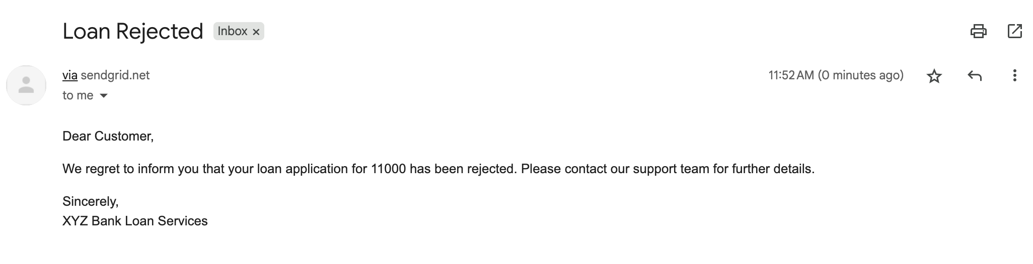 Loan rejection email received via SendGrid