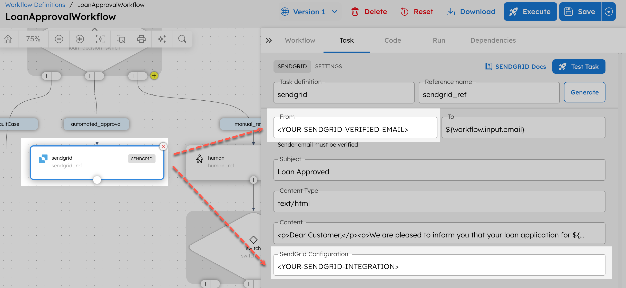 Updating SendGrid task with email and integration details