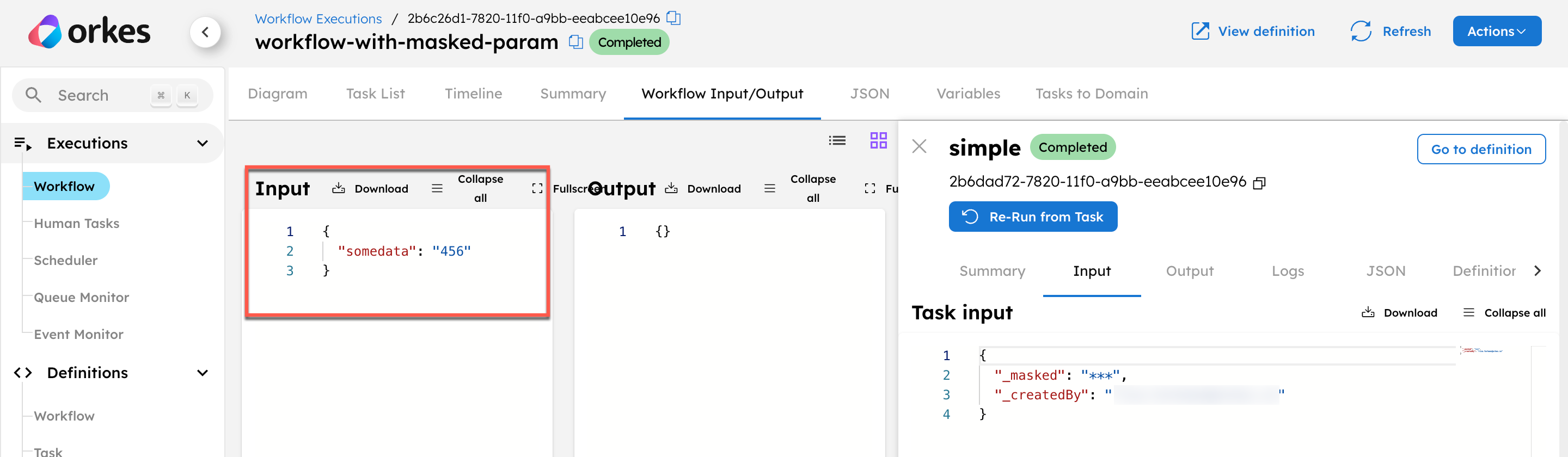 Unmasked workflow input using the masked parameter