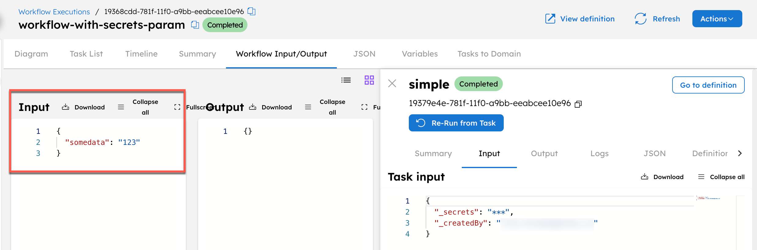 Unmasked workflow input using the _secrets parameter