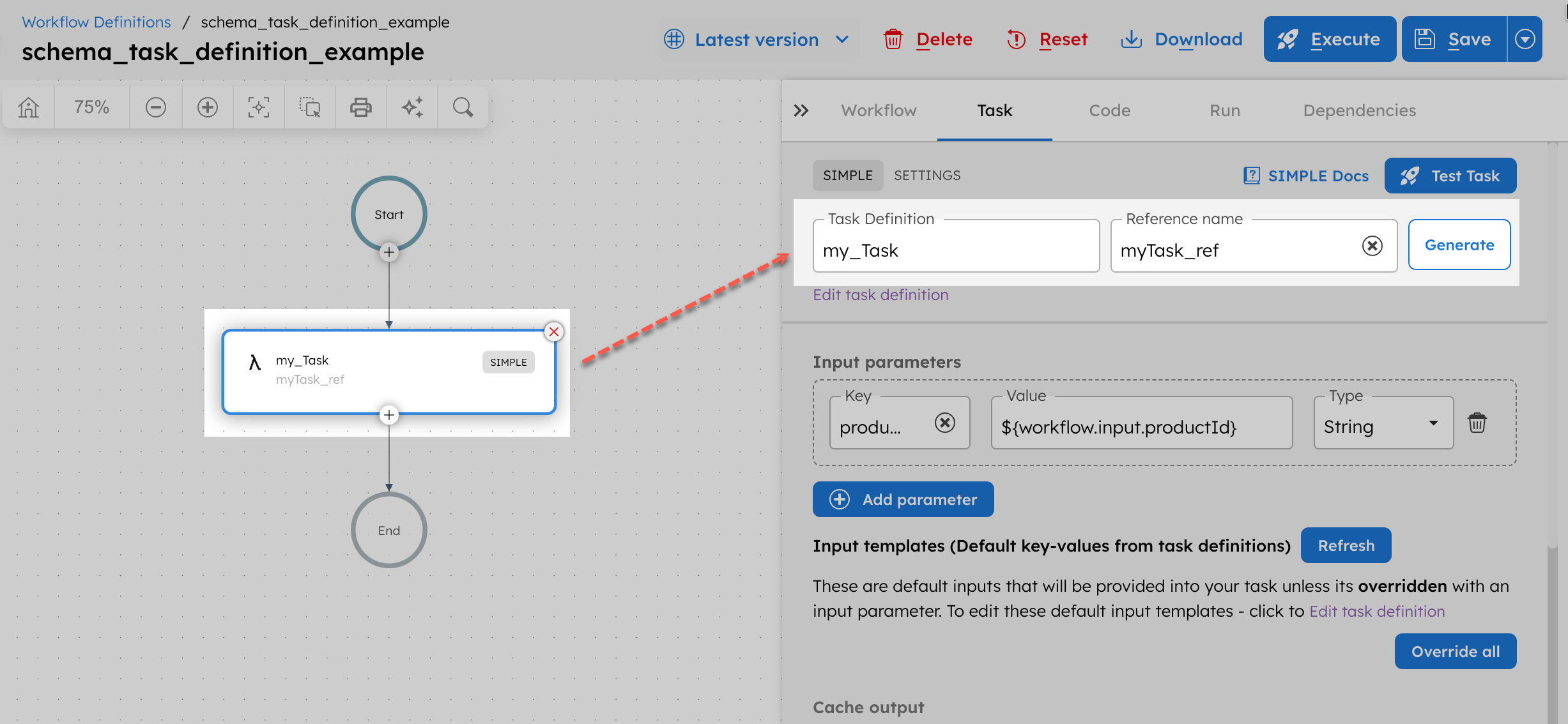 Updating task definition in a workflow