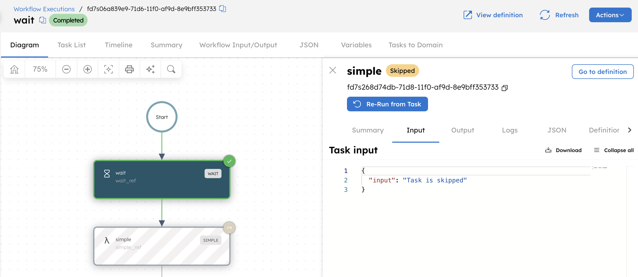 Screenshot of Conductor UI showing updated task input for a skipped task.