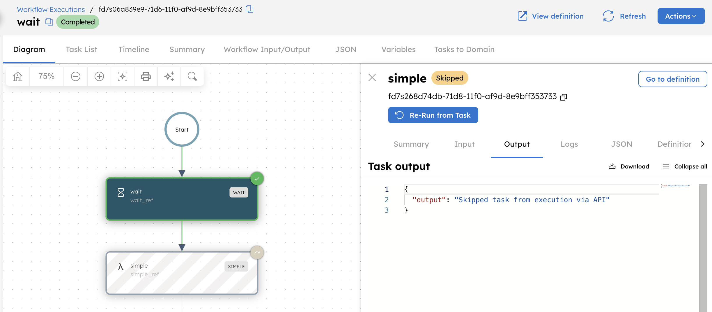 Screenshot of Conductor UI showing updated task output for a skipped task.