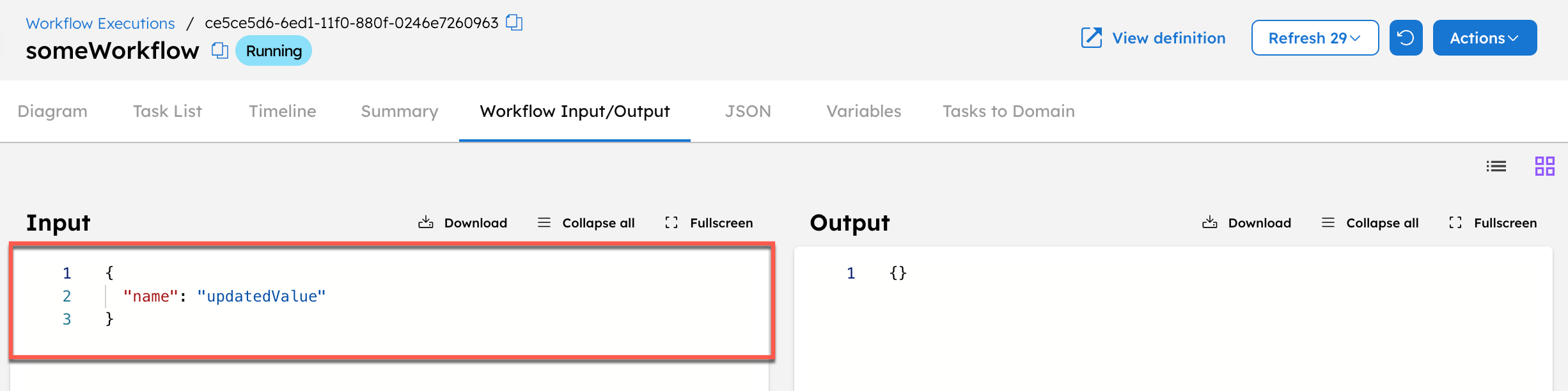 Screenshot of Conductor UI showing updated workflow input using upgrade workflow API.