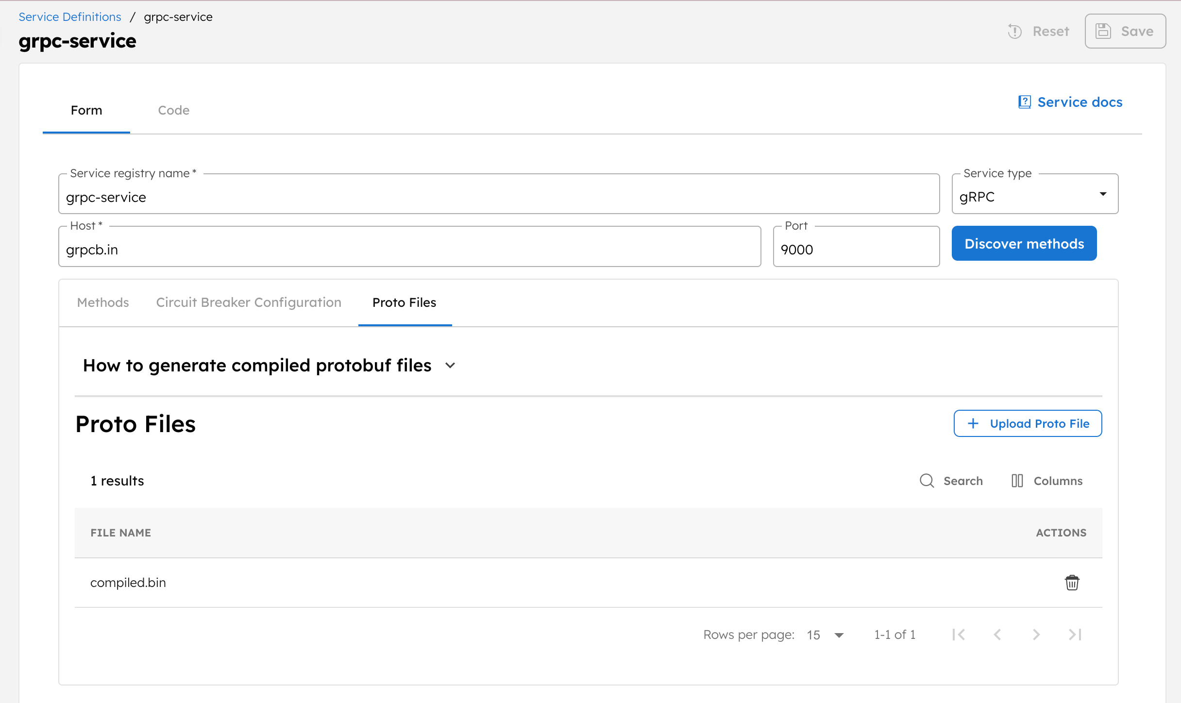 Uploading proto files for the gRPC services