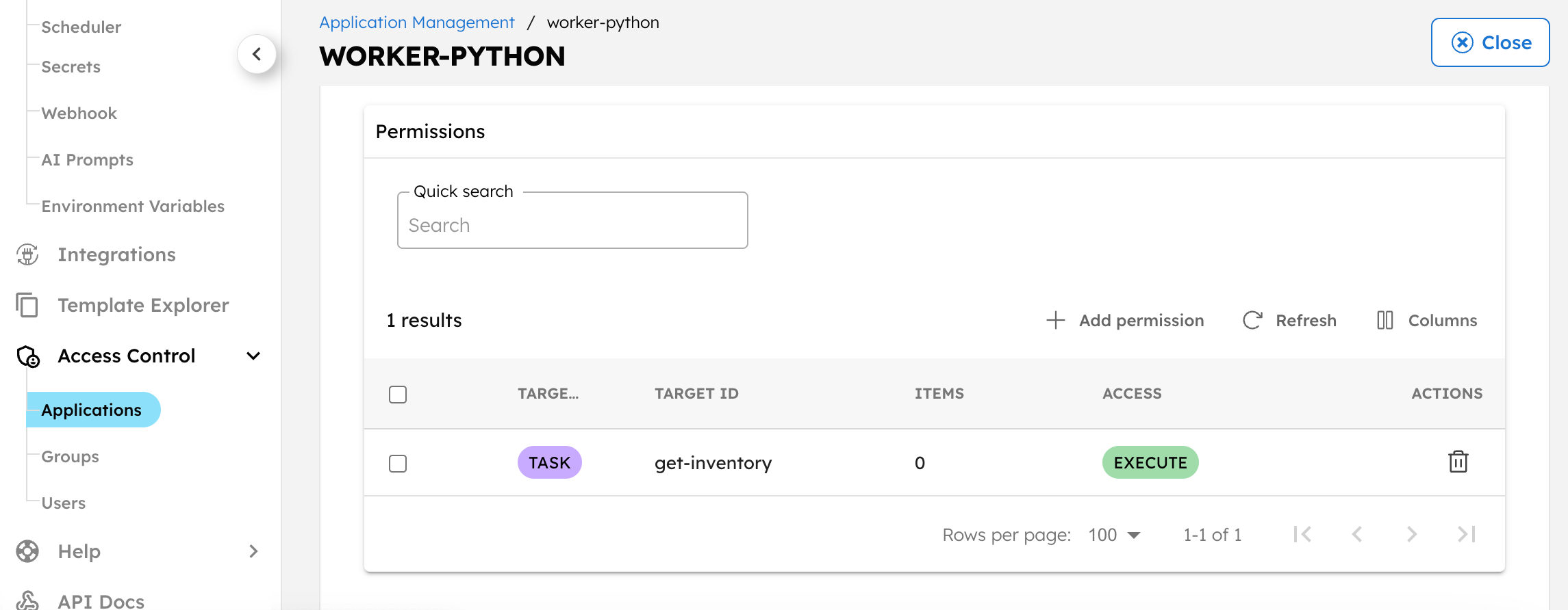 Add permissions to application account in Orkes Platform