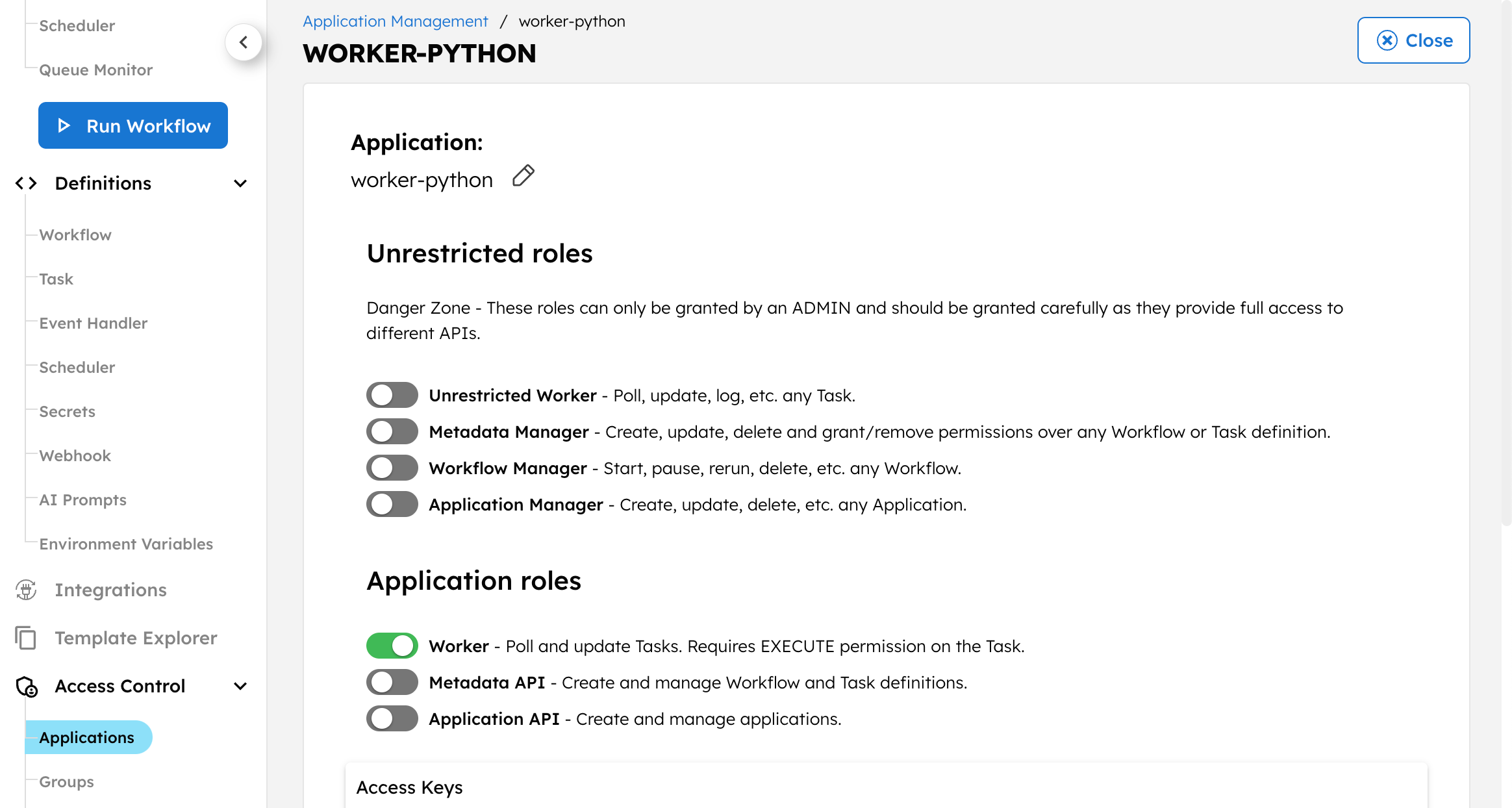 Add worker to application account in Orkes Platform