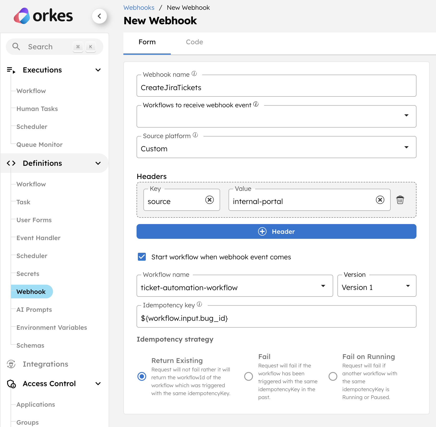 Webhook in Orkes Conductor triggering a workflow on receiving an event