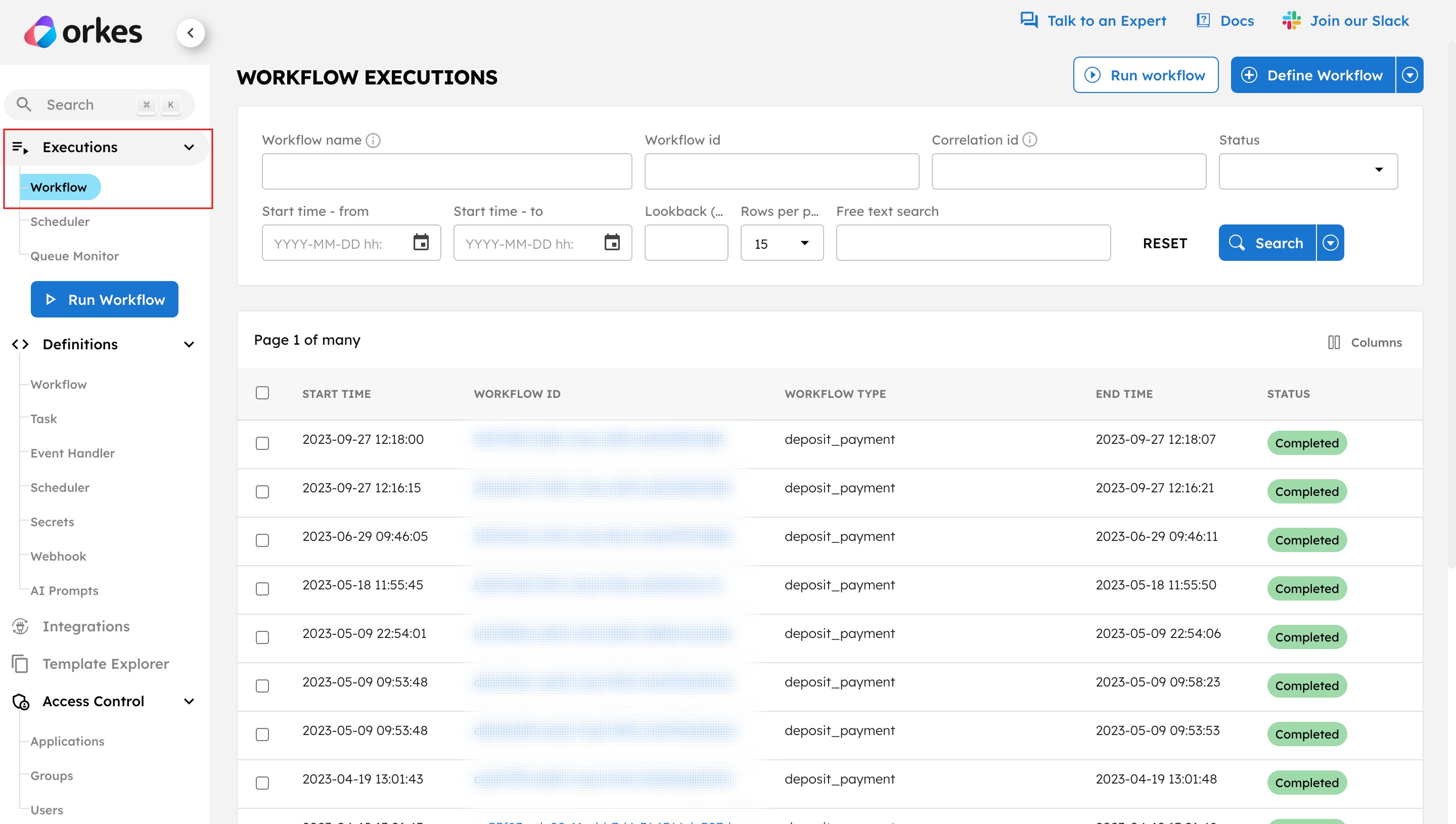 Workflow Executions page