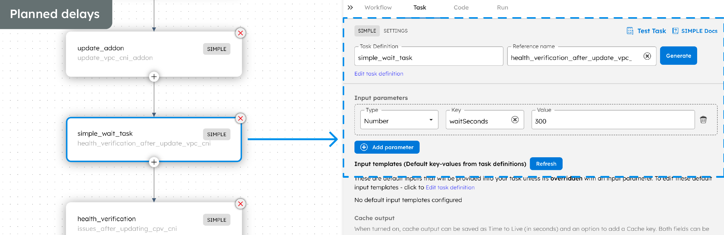 Visual editor screen in Conductor, displaying the Wait task and its configuration options.