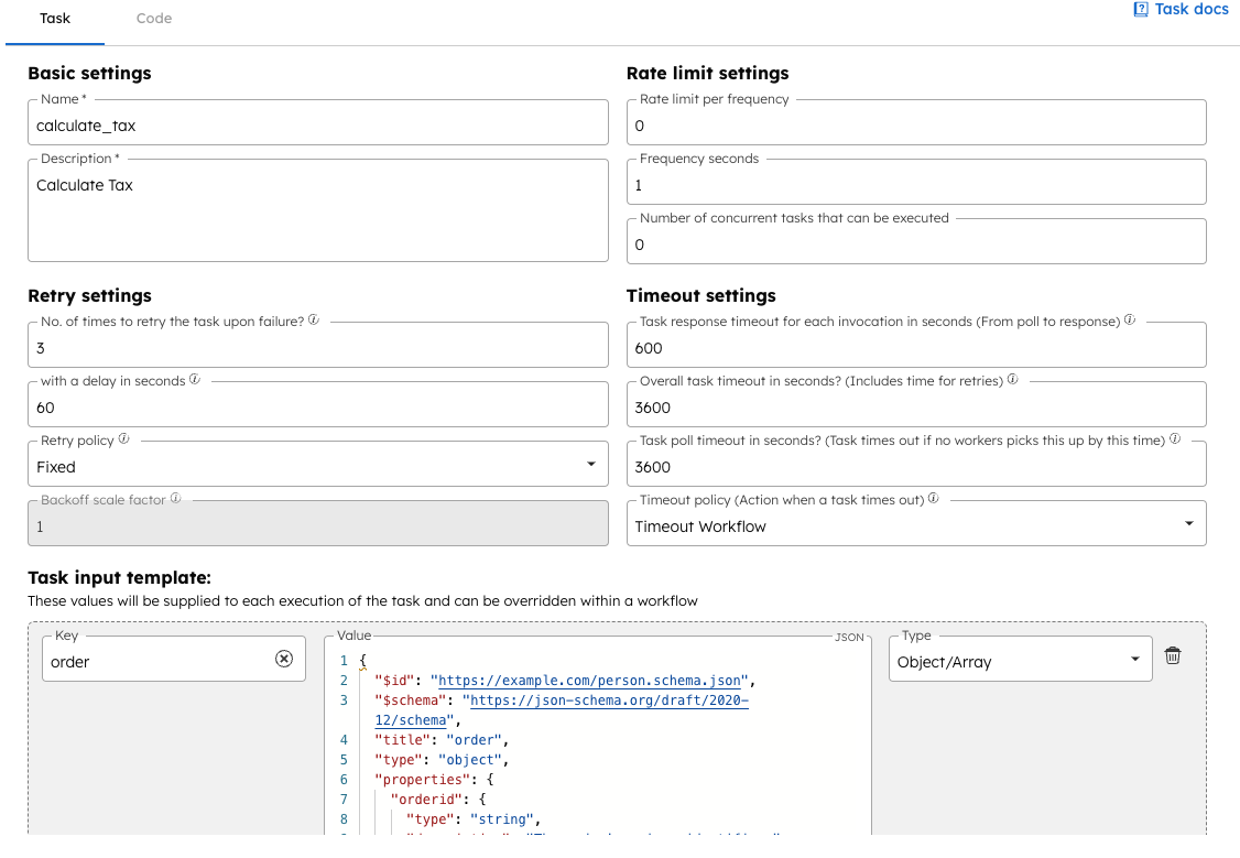 Screenshot of the task definition screen in Conductor