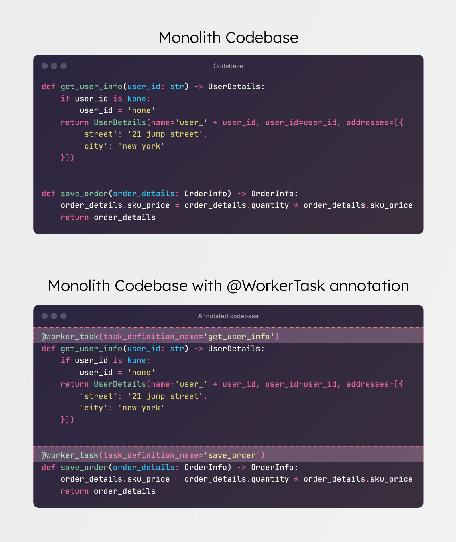Screenshots of a monolith codebase vs an annotated monolith codebase.