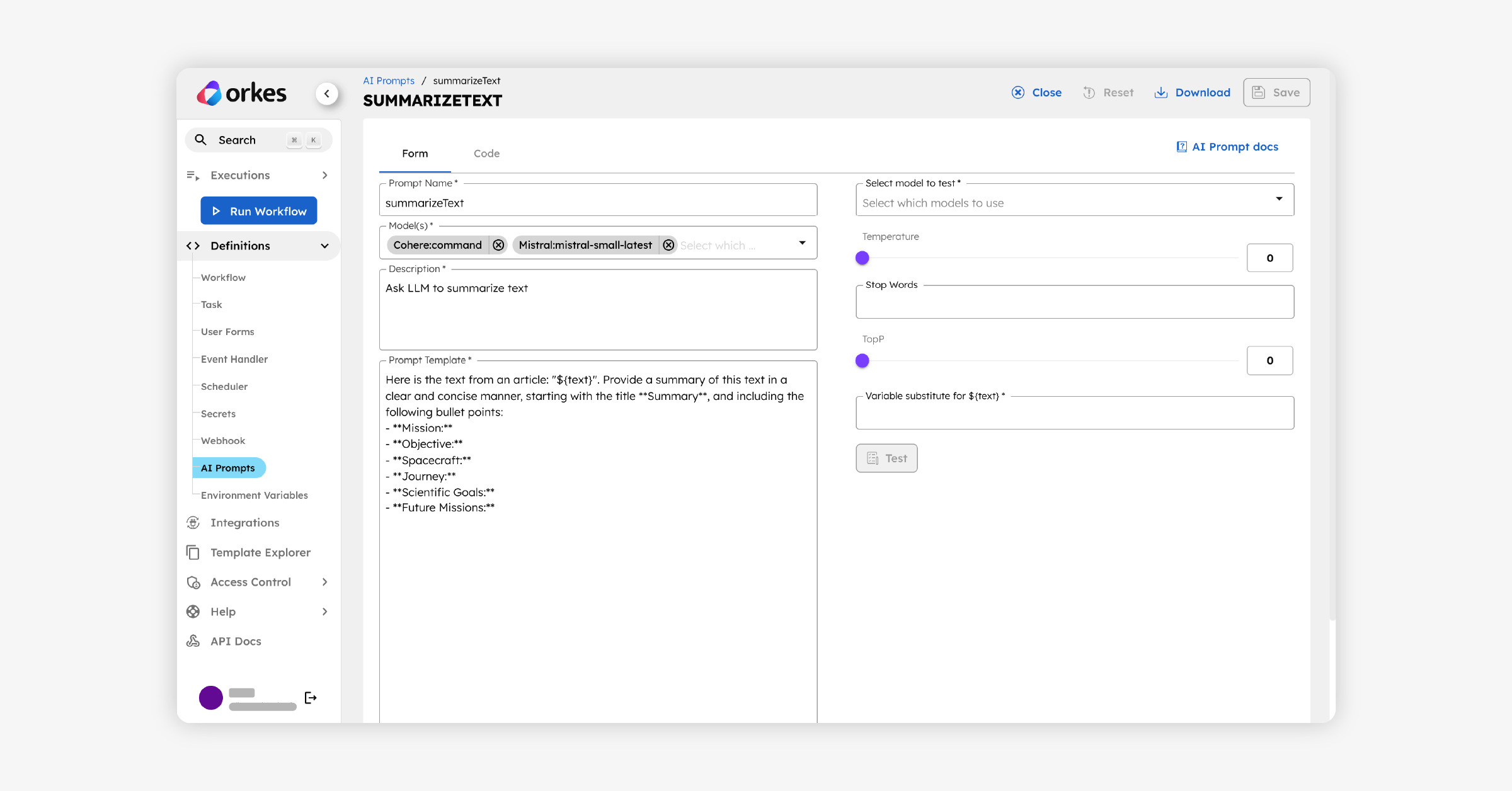 Screenshot of Orkes' Conductor Ai Prompt Builder screen.