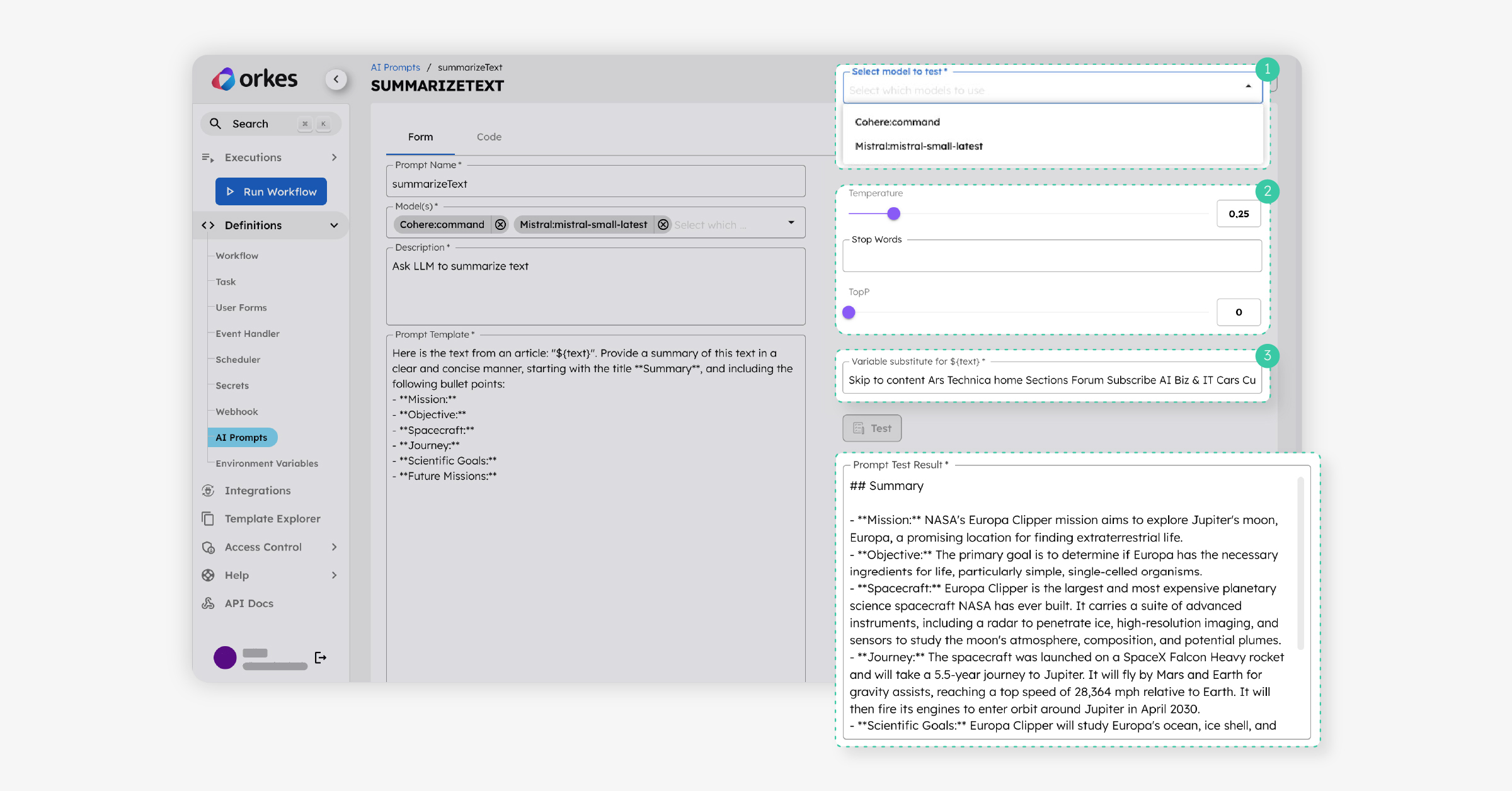 Screenshot of Orkes' Conductor Ai Prompt Builder, with the steps for testing prompts highlighted.