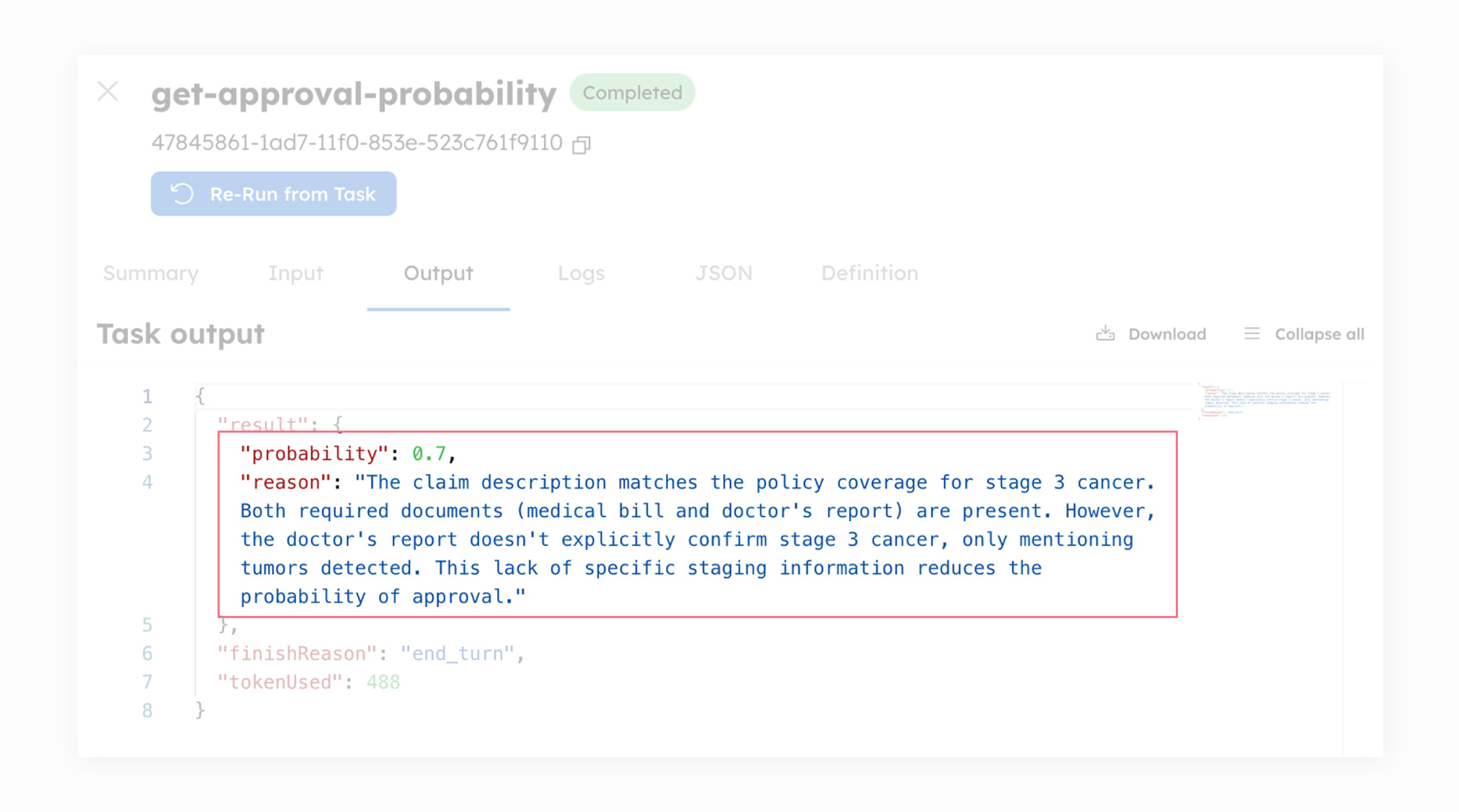 Screenshot of the LLM get-approval-probability task output, where the probability is 0.7.