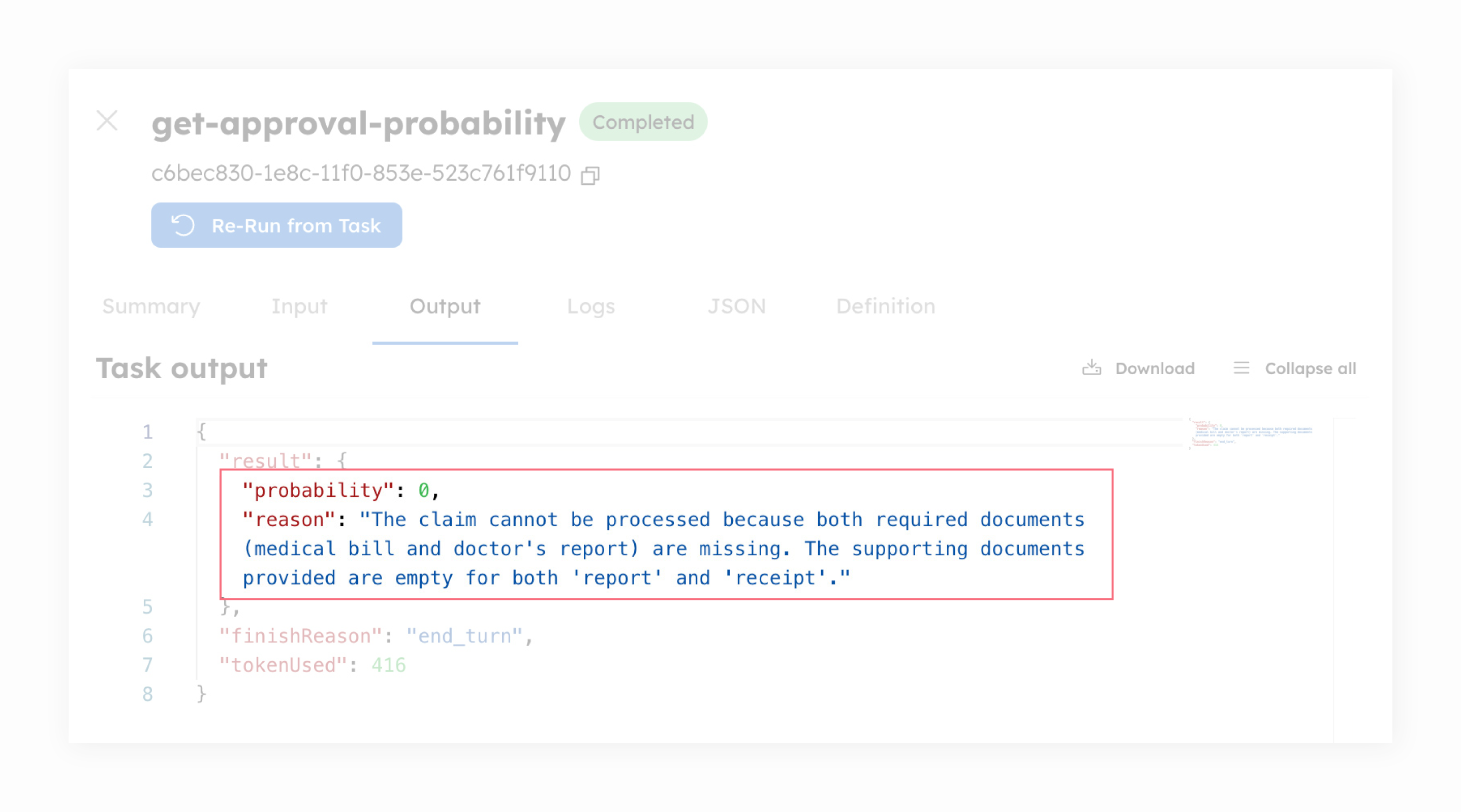 Screenshot of the LLM get-approval-probability task output, where the probability is 0.