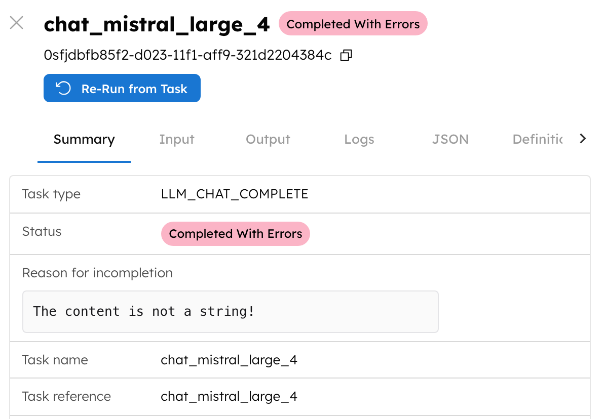 An LLM_CHAT_COMPLETE task for Large 4 on Developer Edition, completed with errors, with the reason 'The content is not a string!'