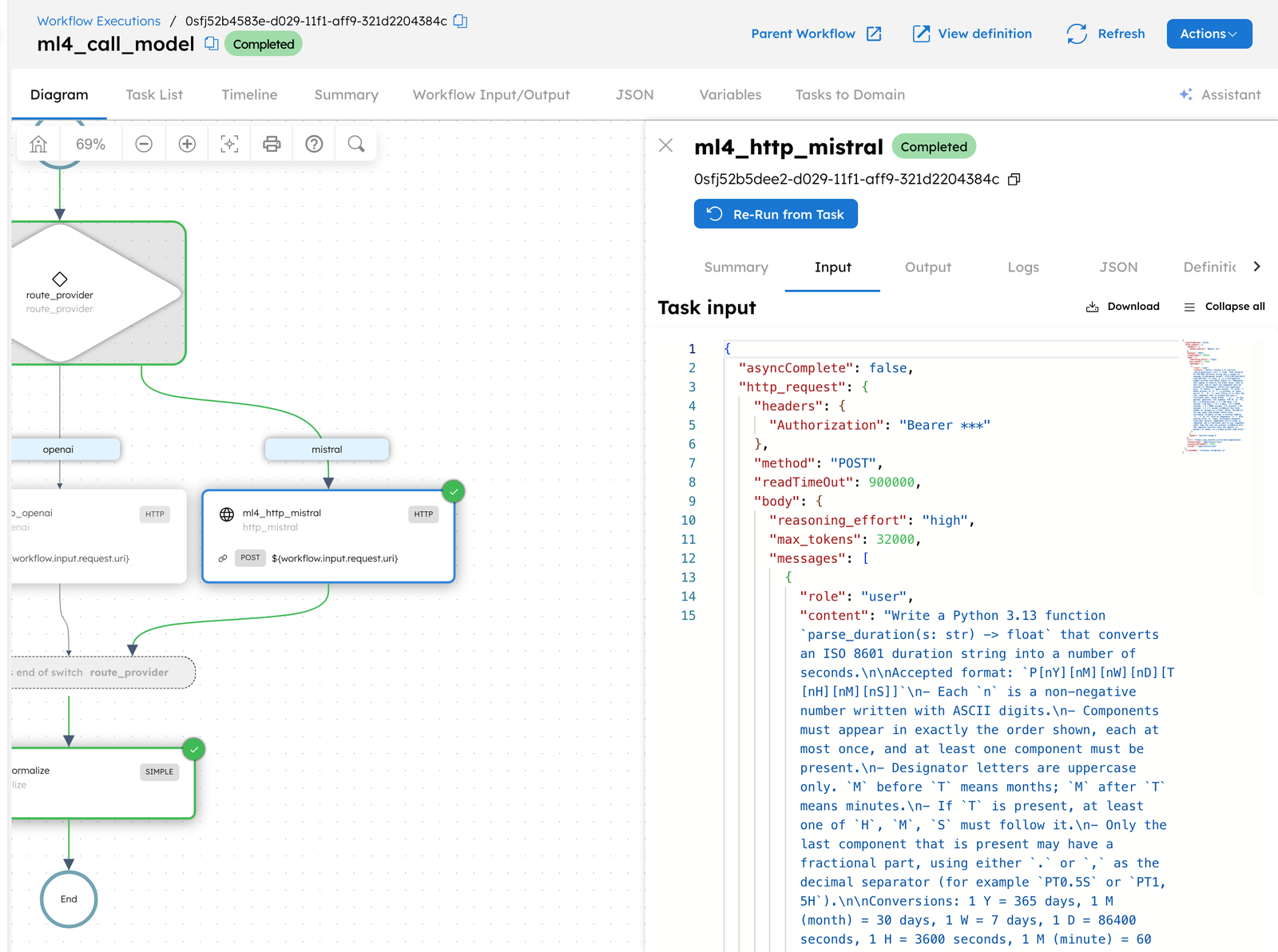 The input of an HTTP task in the Conductor UI, with the Authorization header shown as Bearer ***