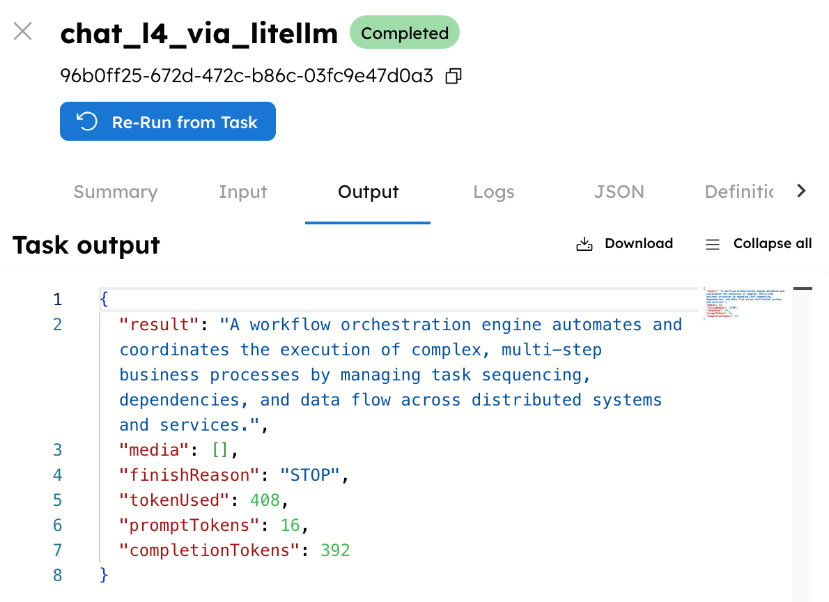 The output of an LLM_CHAT_COMPLETE task that called Large 4 through the litellm provider on Conductor OSS