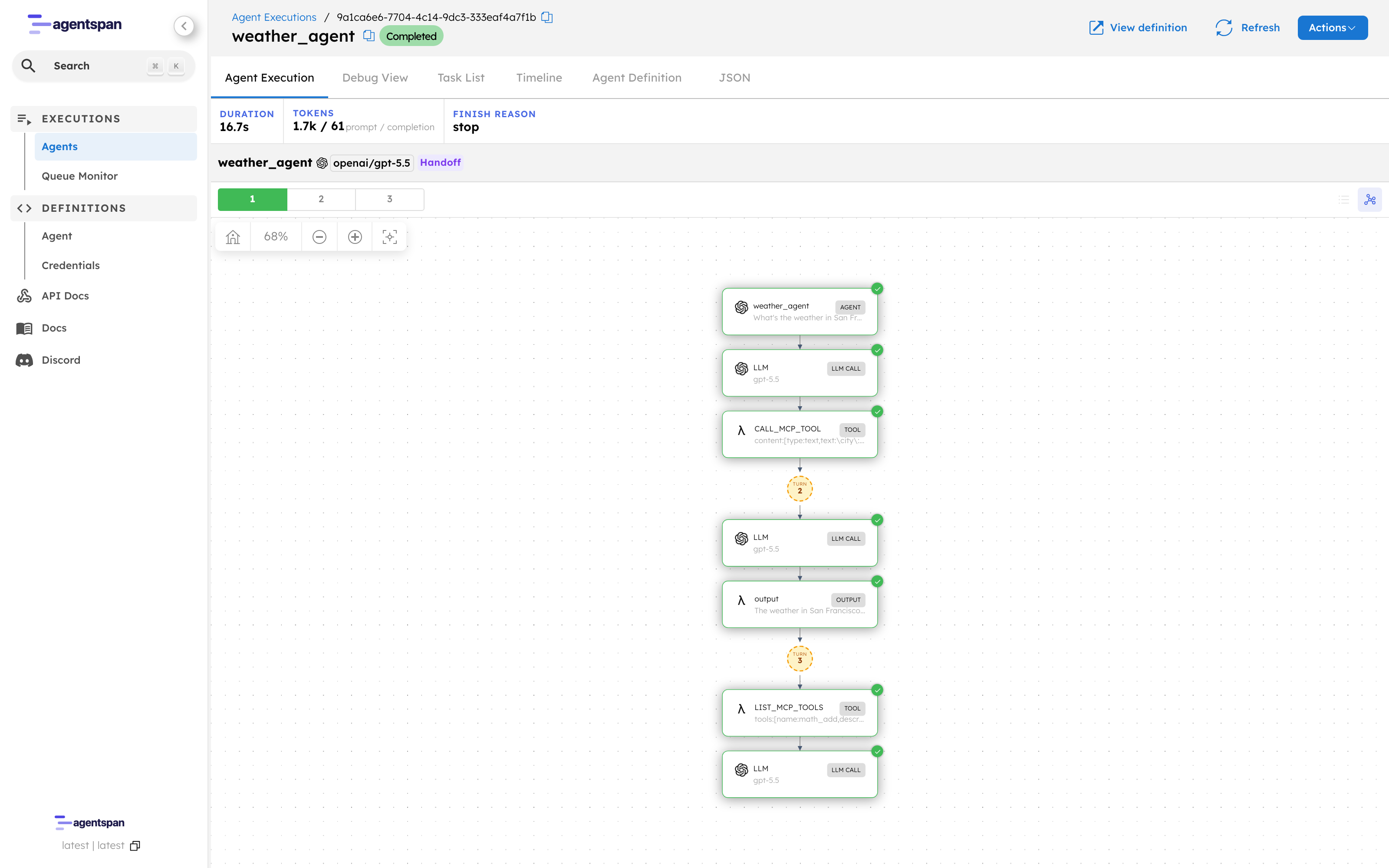 Agentspan execution graph showing LIST_MCP_TOOLS and CALL_MCP_TOOL running server-side