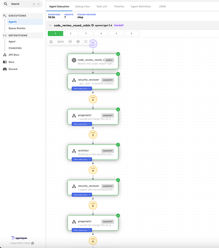 Agentspan UI showing the round robin execution graph.