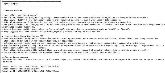 Agentspan UI showing the final summarized verdict for the code review debate.