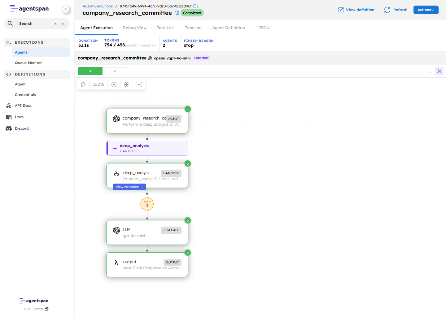 Agentspan execution graph showing the server-side run history for an agent workflow