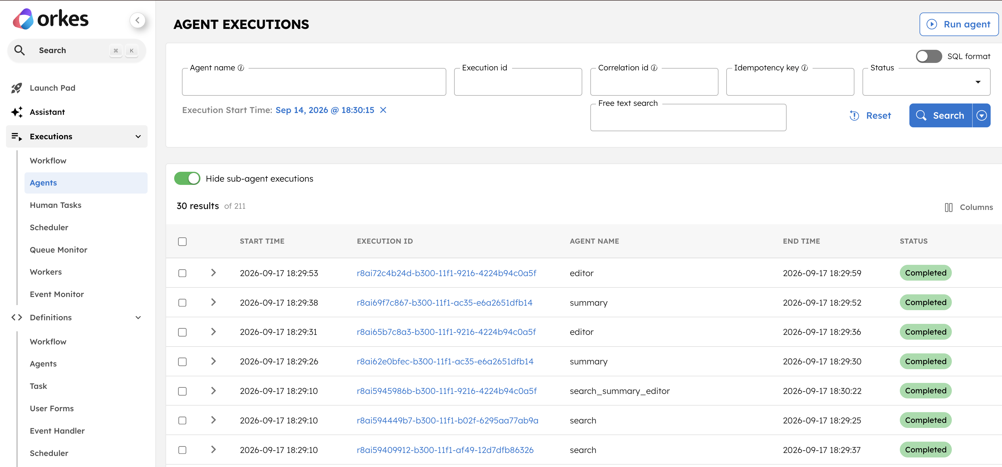 The Agent Executions page in the Conductor UI, showing that all agent executions deployed from our test suite completed in just over 70 seconds