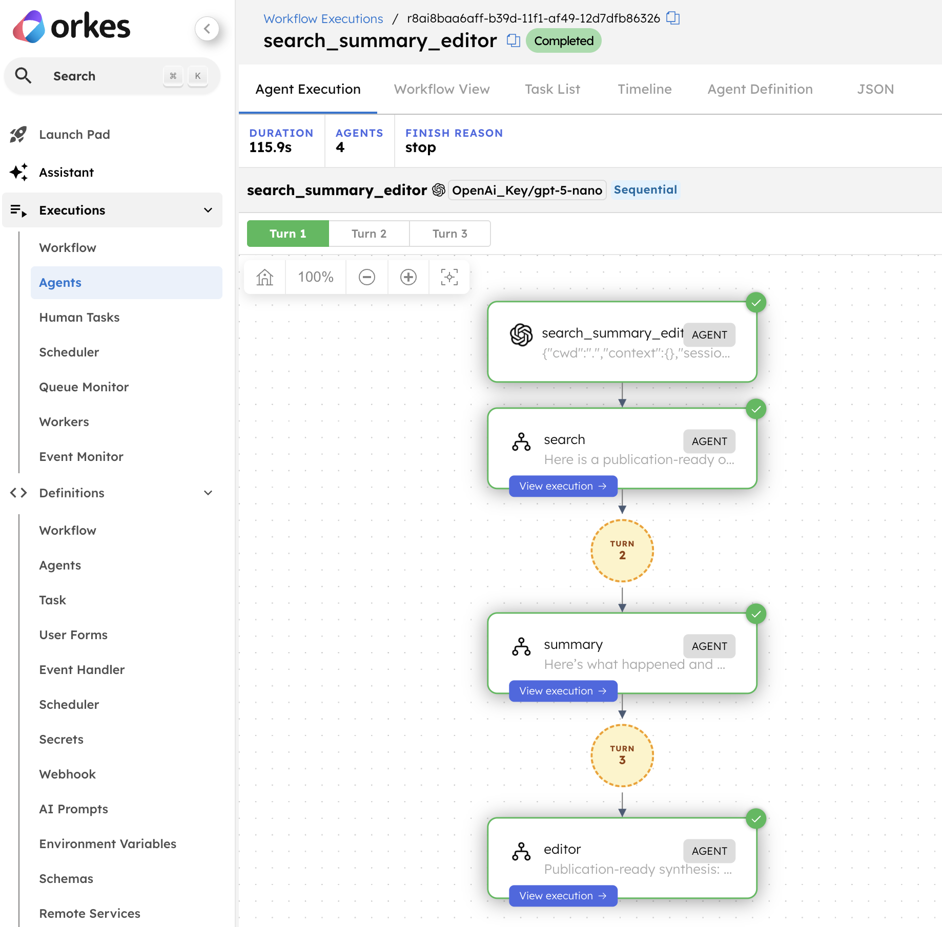 The 3-agent sequential search_summary_editor pipeline execution in the Conductor UI
