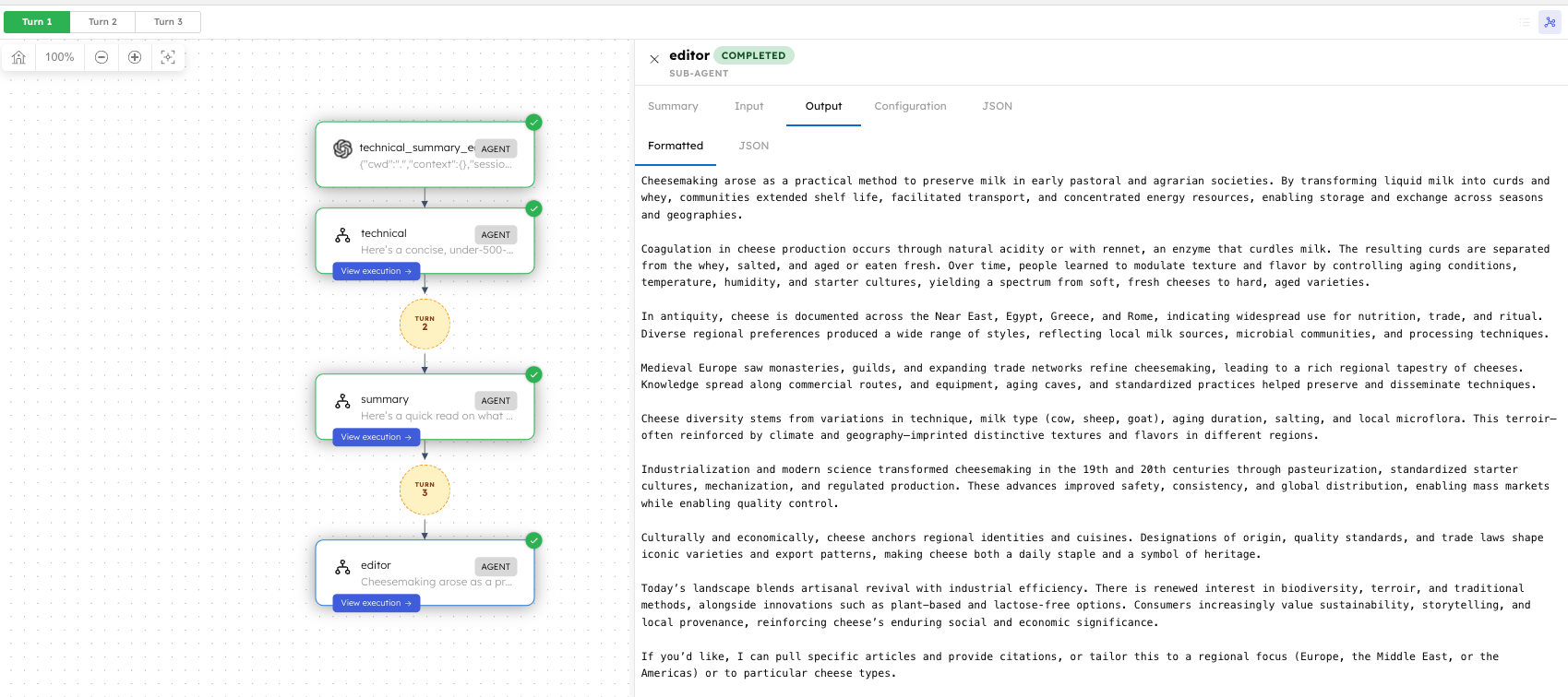 The 3-agent pipeline execution in the Conductor UI, with the editor agent's completed output shown alongside the workflow diagram