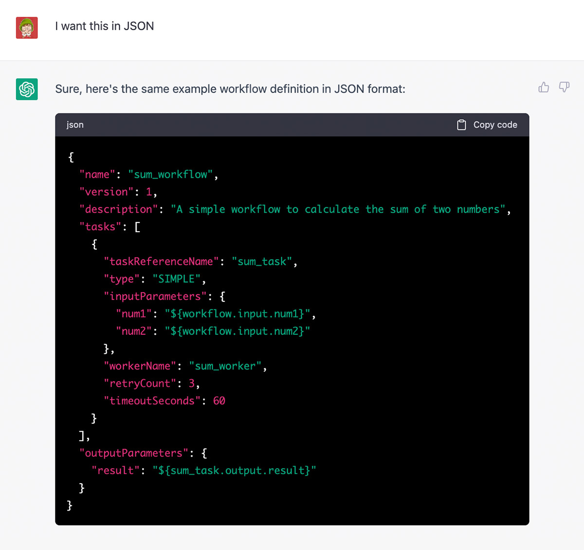 ChatGPT generated workflow to find the sum of 2 numbers in JSON