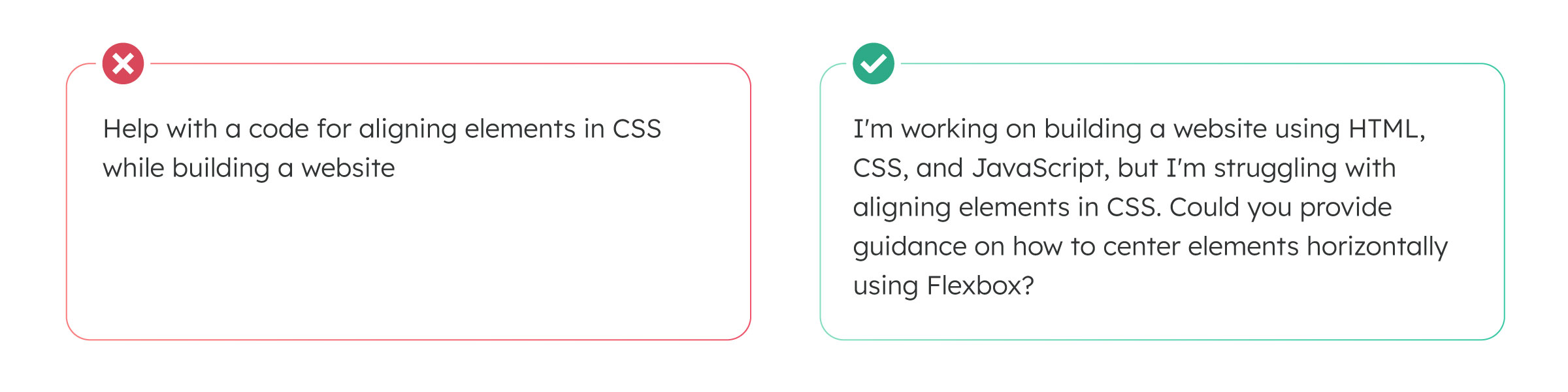 Example illustrating a good and bad prompt for building a website