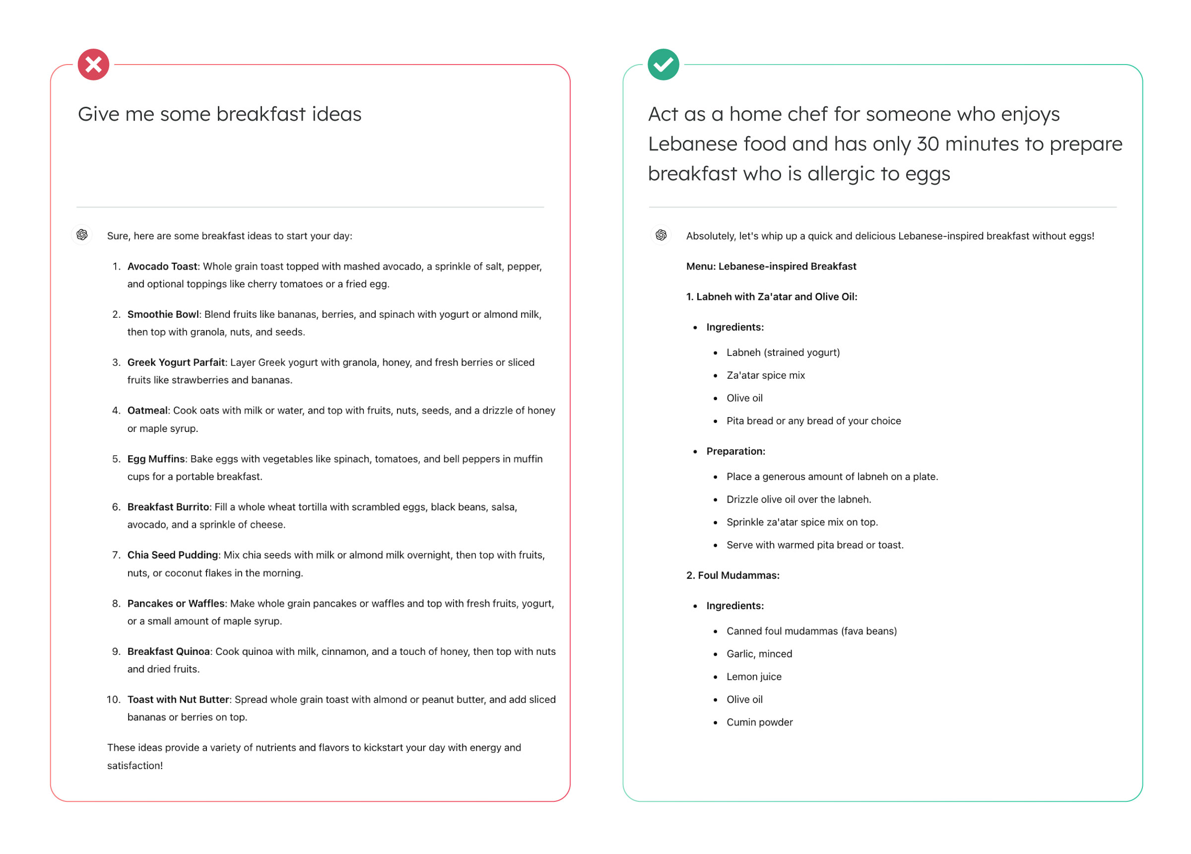 Example illustrating a good and bad prompt for a recipe recommendation
